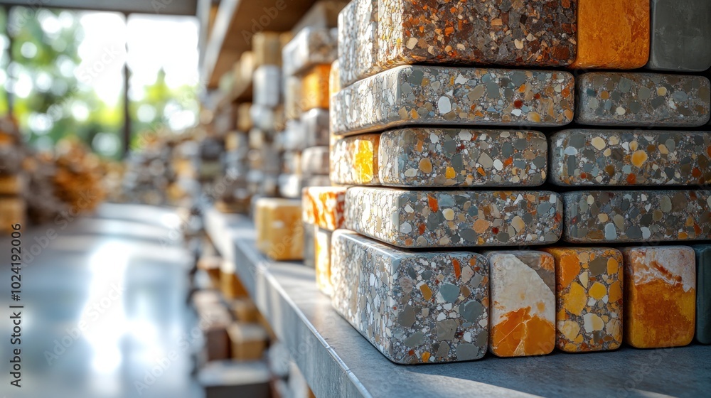 Poster stack of colorful terrazzo tiles on a shelf in a warehouse.