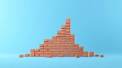 Crumbling Structure: A 3D Render of a Partially Demolished Brick Wall Against a Light Blue Background