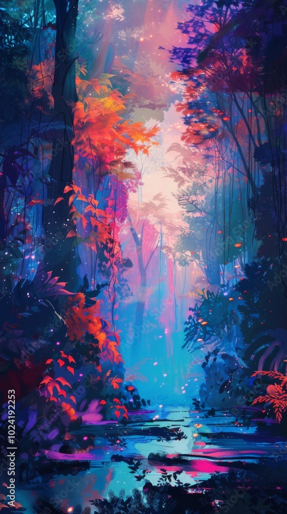 Poster a painting of a forest with a blue river running through it. the trees are colorful and the sky is b