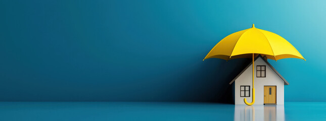 house with yellow umbrella symbolizes protection and security in vibrant setting. This conveys sense of safety and comfort in home ownership