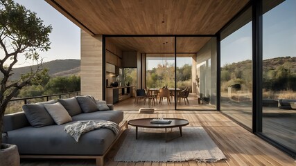 Fototapeta premium AI-Generated image of a small modern house. Minimalist, constructed exclusively with concrete and wood. In the middle of nature