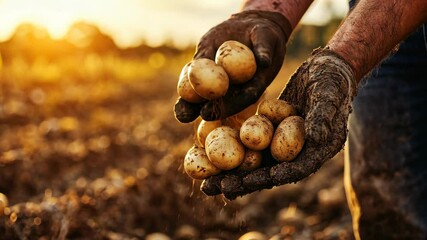 A farmer's hands, covered in dirt, hold freshly harvested potatoes in a field at sunset