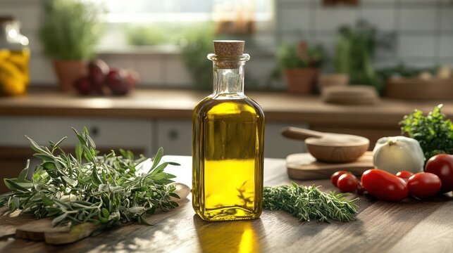 A bottle of cold-pressed olive oil sitting on a rustic kitchen counter, surrounded by fresh herbs and vegetables, showcasing its natural, unrefined purity