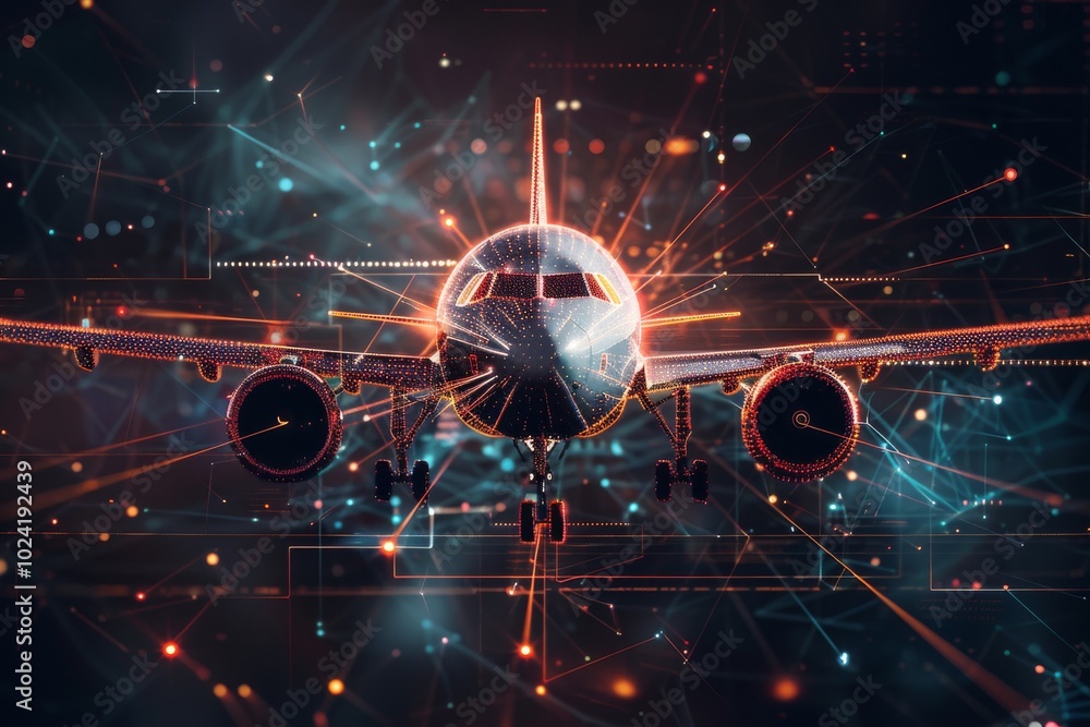 Poster abstract photo of an aircraft intersecting with digital grids.