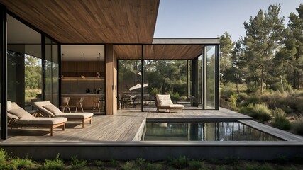 AI-Generated image of a small modern house. Minimalist, constructed exclusively with concrete and wood. In the middle of nature