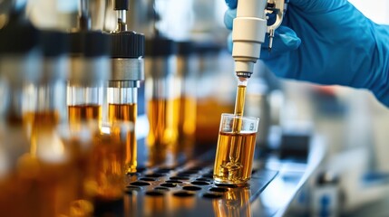 A close-up of low-sulfur crude oil samples being analyzed in a lab, with scientists working on improving refining techniques for cleaner energy production