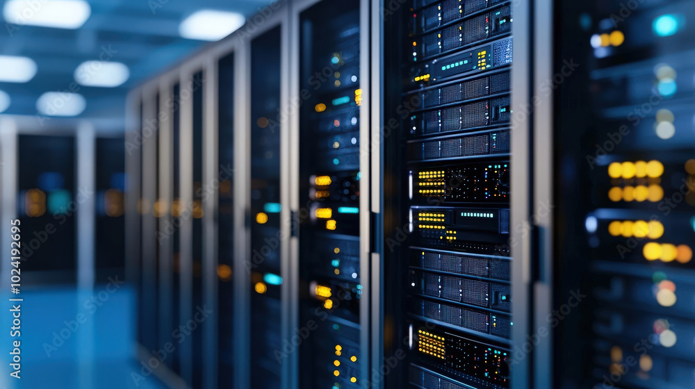 Poster data center with rows of servers illuminated by led lights, showcasing advanced technology and organ