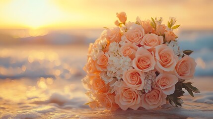 A bridal bouquet of pink roses on a beach at sunset.