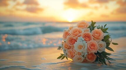 A beautiful bouquet of roses rests on a sandy beach at sunset.