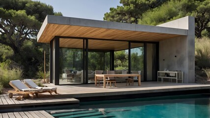 Fototapeta premium AI-Generated image of a small modern house. Minimalist, constructed exclusively with concrete and wood. In the middle of nature