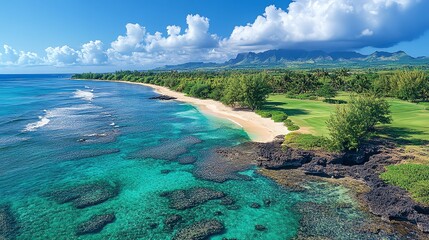 Aerial view of a tropical beach with clear blue water.