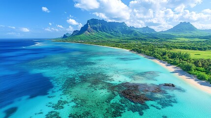 Aerial view of a tropical beach with crystal clear water.