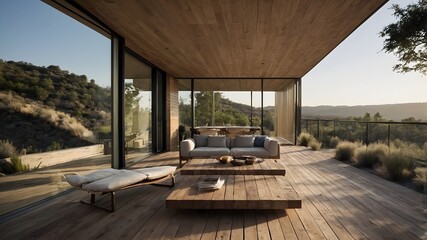 AI-Generated image of a small modern house. Minimalist, constructed exclusively with concrete and wood. In the middle of nature