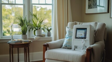 A compact home dialysis machine that sits comfortably next to a chair in the patient's home. It is designed to be easy to use and independent with a touchscreen interface and quiet operation.