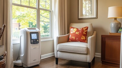 A compact home dialysis machine that sits comfortably next to a chair in the patient's home. It is designed to be easy to use and independent with a touchscreen interface and quiet operation.