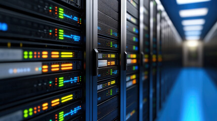 Data center servers with illuminated indicators create vibrant technological environment. organized rows of equipment highlight importance of efficient data management and storage solutions