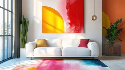 modern living room, minimalist design, white couch, abstract art, colorful decor, indoor plants, bright lighting, contemporary furniture, artwork with red and pink shapes, geometric rug, cozy interior