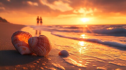Seashells on beach with couple silhouetted at sunset.