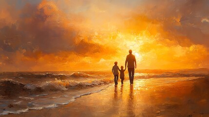 Silhouettes of a father and two children walking on a beach at sunset.