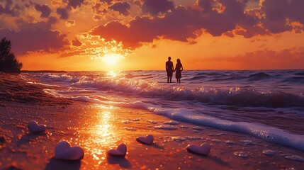 Silhouettes of couple walking on beach at sunset.
