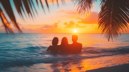 Silhouettes of three people enjoying sunset on a beach.