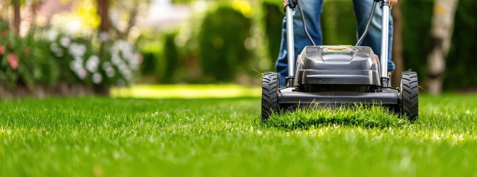 Lawn mower cutting grass in well maintained garden, showcasing vibrant green lawn and person operating machine. scene reflects sense of care and outdoor activity