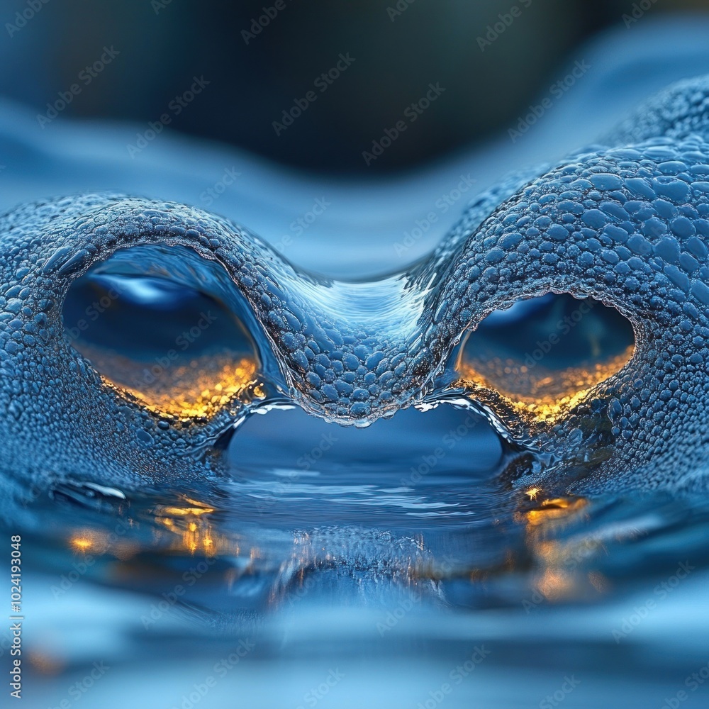 Poster a close-up of a water droplet with bubbles and a reflection of a sunset, creating a unique abstract 
