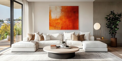 modern living room, large white sectional sofa, abstract orange artwork on wall, round coffee table, neutral color palette, cozy cushions, floor lamp with round shade, potted plants, natural light, mi