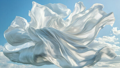 Obraz premium Capture people surrounded by large pieces of flowing fabric, either in motion or draped around them, giving the illusion of movement, flight, or floating in the air