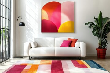 modern living room, minimalist design, white couch, abstract art, colorful decor, indoor plants, bright lighting, contemporary furniture, artwork with red and pink shapes, geometric rug, cozy interior