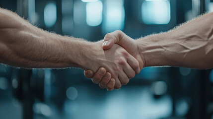 Strong handshake between two individuals in gym setting, symbolizing teamwork and collaboration. focus on hands highlights connection and mutual respect