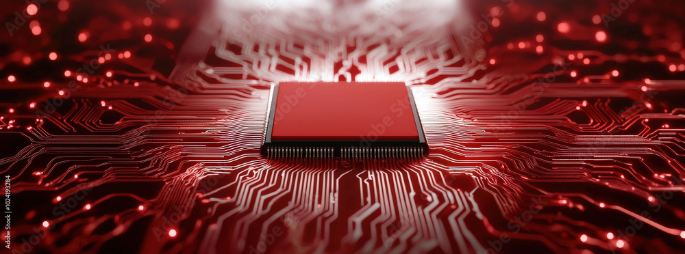 Poster close up view of red microchip surrounded by intricate circuit patterns, showcasing technology and i