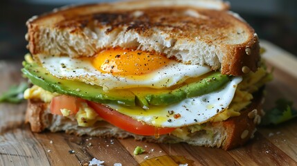 A toasted sourdough sandwich with avocado and eggs