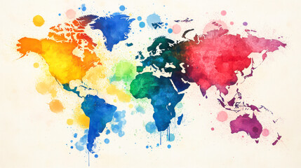 Rainbow water color splatter art style World map