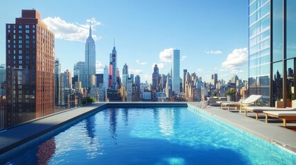 A modern rooftop pool with panoramic views of nearby bright buildings, with a clear, blue sky overhead