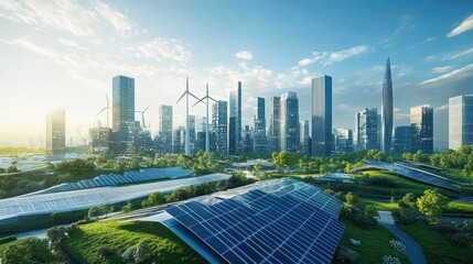 Obraz premium A futuristic city powered by clean electricity technology, including solar panels, wind turbines, and energy storage, seamlessly integrated into the urban landscape