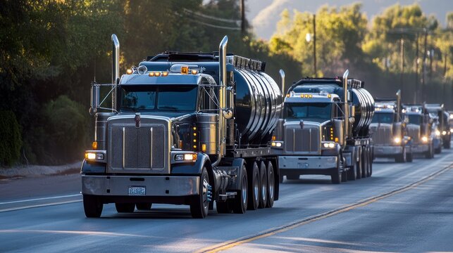 A fleet of trucks transporting used oil from various businesses to a processing facility, where it will be converted into renewable energy through an oil recycling program