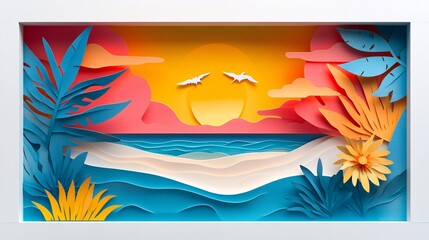 Obraz premium exotic nature illustrations, layered paper cut-out effect, vibrant summer colors, simplified beach elements, white frame overlay, clean modern graphic design