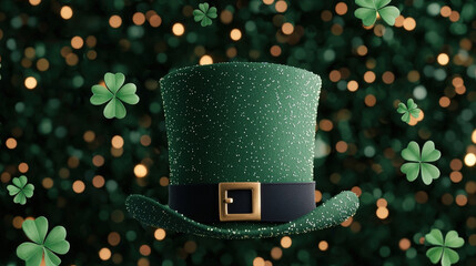 festive green top hat adorned with shiny band, surrounded by sparkling bokeh and clovers, evokes joyful celebration. Perfect for St. Patricks Day or themed events