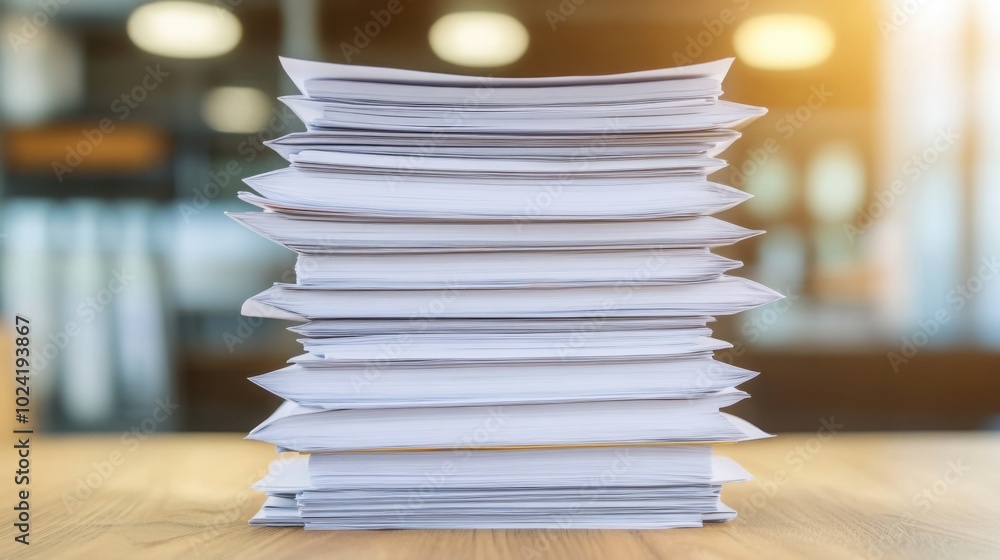 Poster top down view of stacked documents on a table