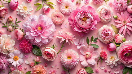 Lush pink floral background with various blossoms, ideal for invitations and feminine aesthetics