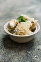 Close up of homemade of steamed pork dumplings in bowl, delicate dishes