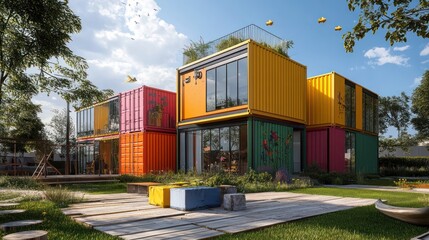 Obraz premium A housing project in progress using recycled shipping containers, showing the creative reuse of materials for affordable and eco-friendly urban living