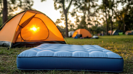 blue air mattress is placed on grass in front of glowing orange tent, with sunlight streaming through entrance. scene captures serene camping atmosphere