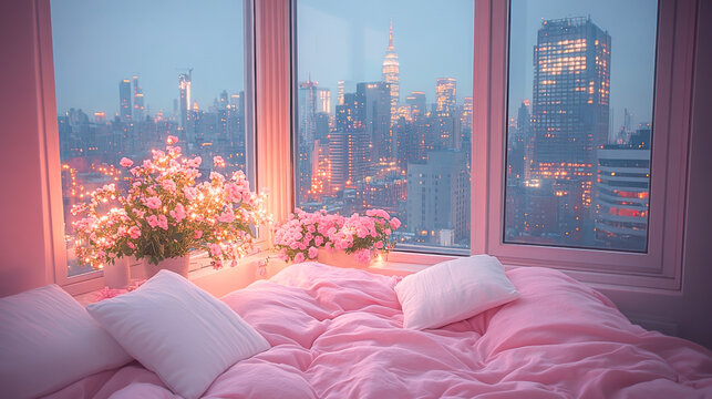 Fototapeta Modern style luxury pink master bedroom with blurry city view in the night background