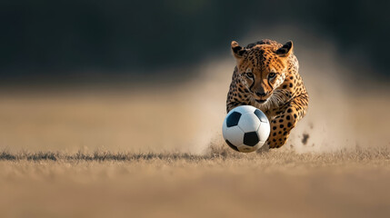 cheetah is sprinting across grassy field, skillfully chasing soccer ball. scene captures animals speed and agility, creating exciting and dynamic moment
