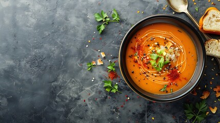 A warm bowl of roasted butternut squash soup on grey background