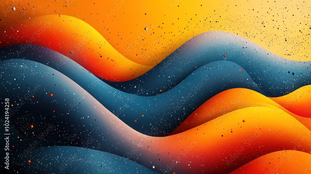 Poster abstract background with blue and orange flowing waves with a soft, shimmering effect.
