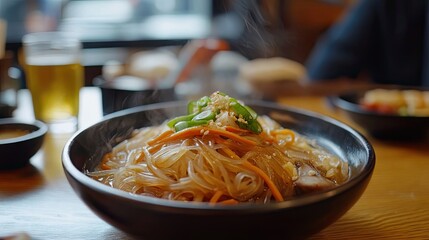 Steaming Bowl of Glass Noodles with Green Peppers, Carrots, and Sesame Seeds
