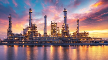 A modern oil refinery processing low-sulfur crude oil, with emissions filters and advanced technology reducing the environmental impact of the production process